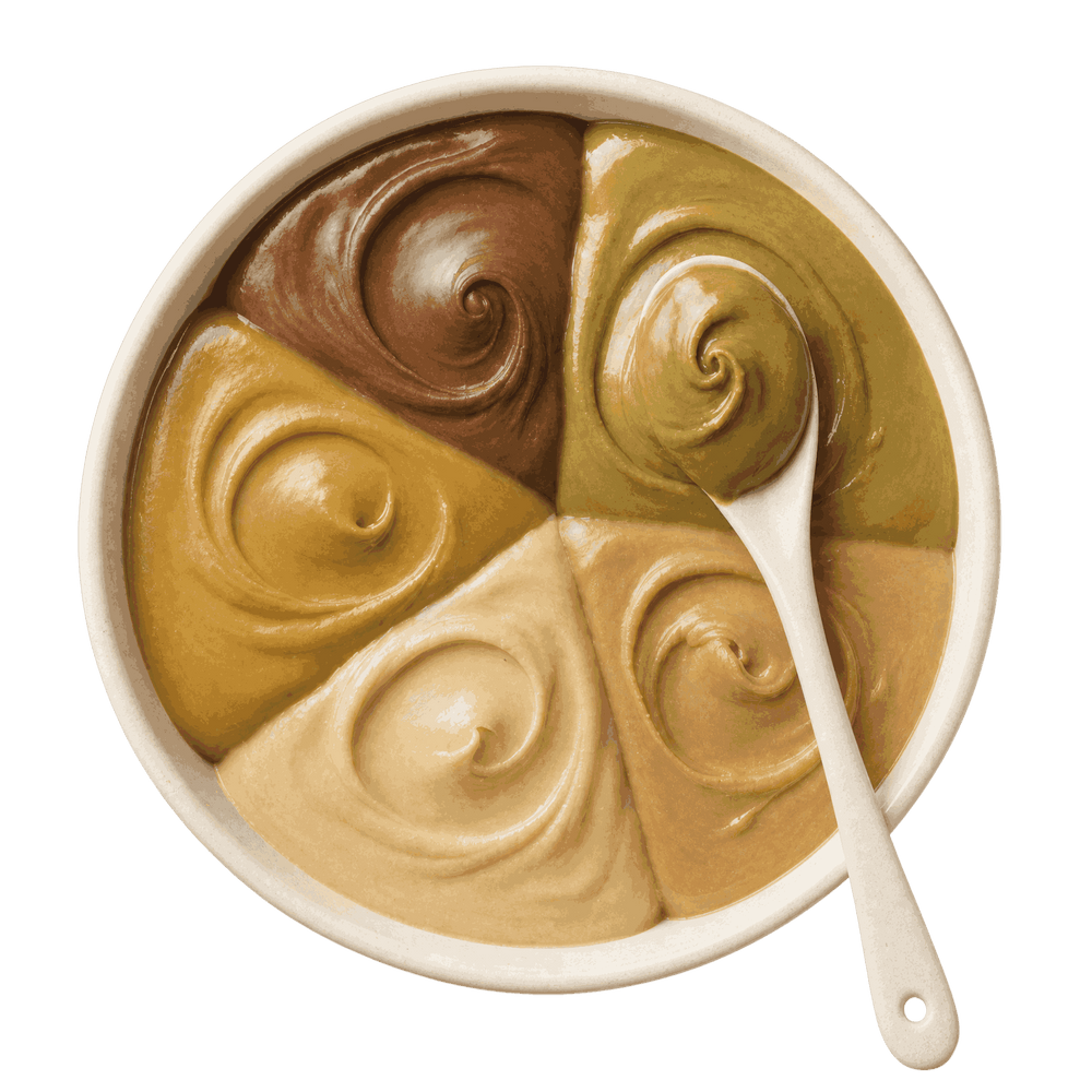 Five nut spreads swirled together in one bowl